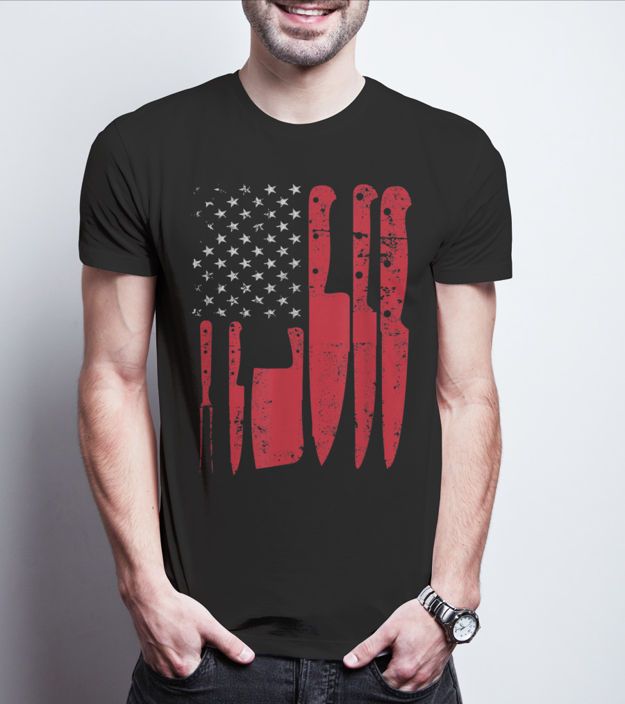 American Flag Stars Butcher Knife Set Vintage Look T-Shirt