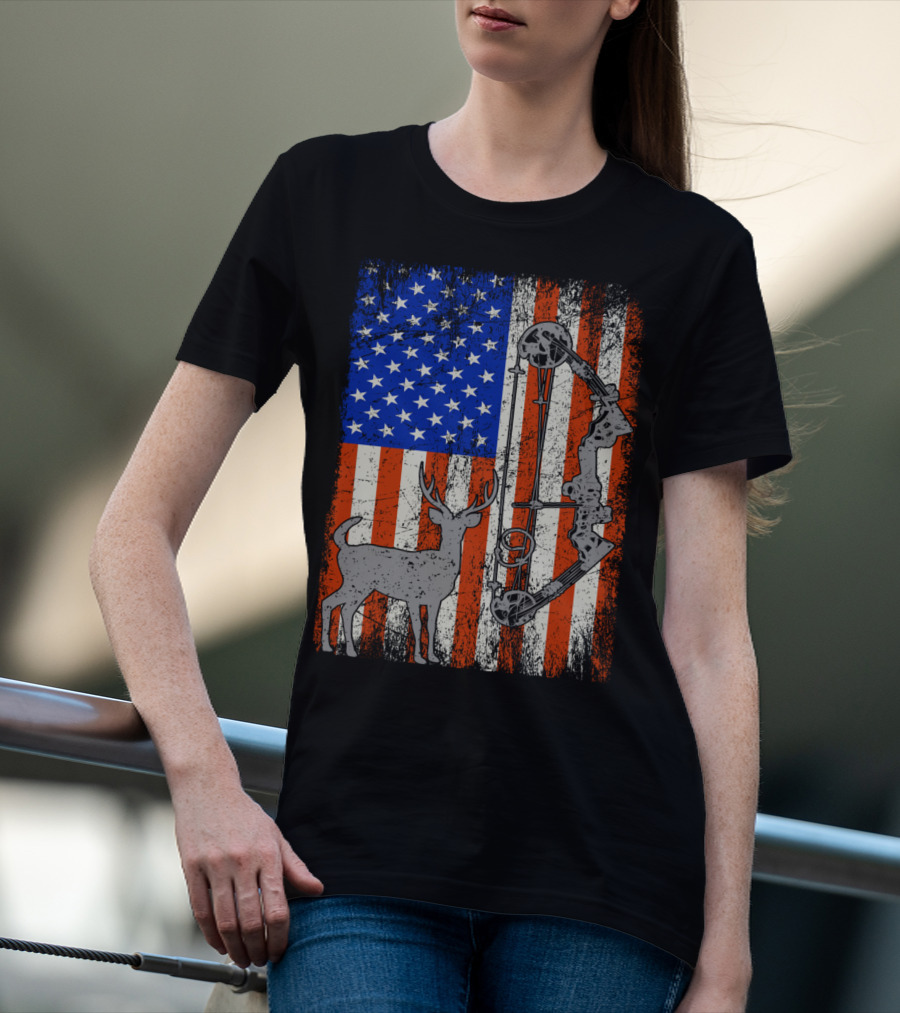 American Flag Deer Bow Hunter Hunting T-Shirt