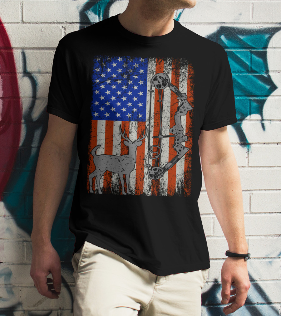 American Flag Deer Bow Hunter Hunting T-Shirt