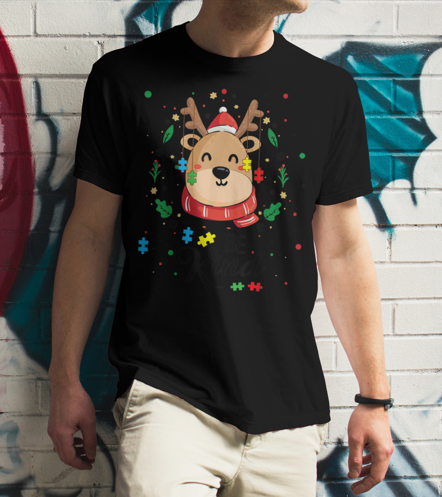 Be Kind Reindeer With Santa Hat And Colorful Puzzle Pieces Autism T-Shirt
