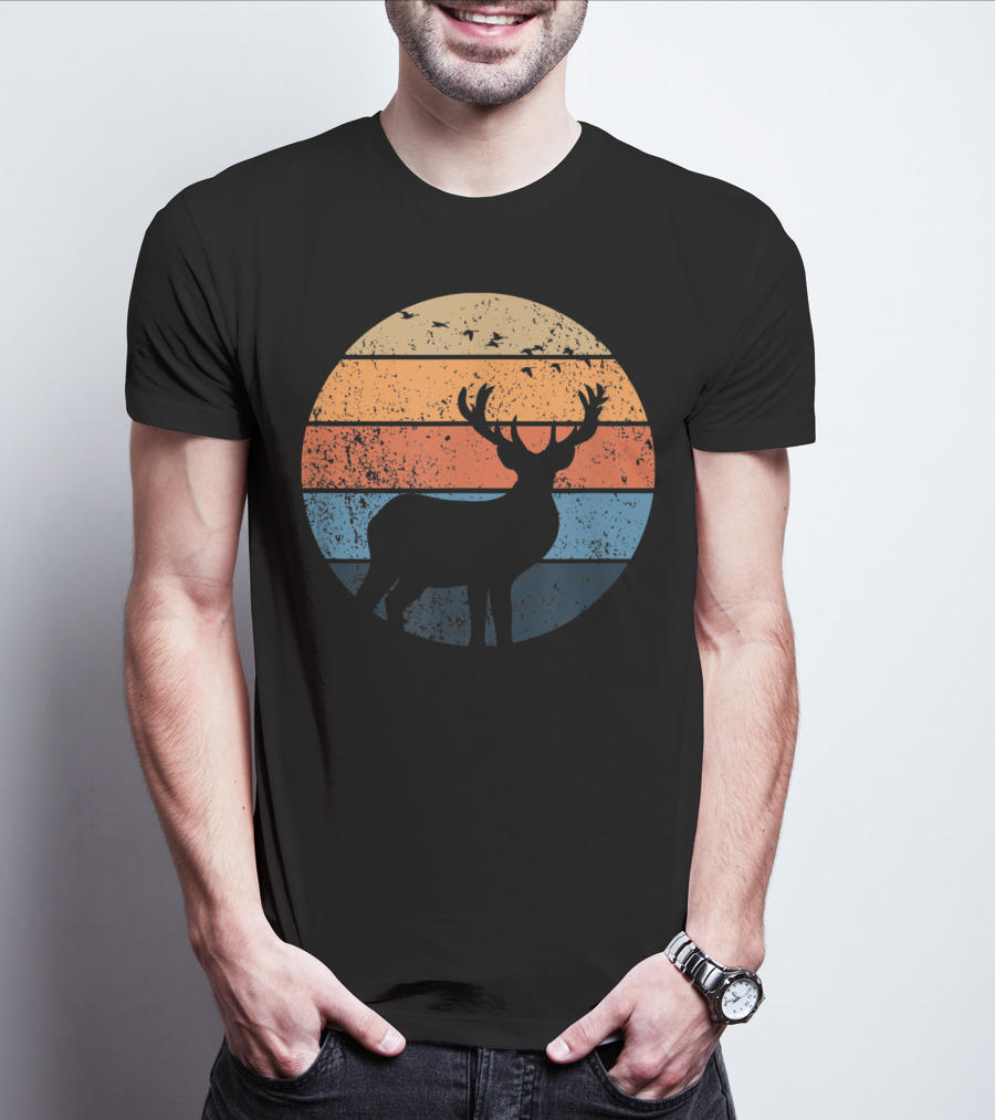 Deer Silhouette Retro Sunset With Flying Birds T-Shirt