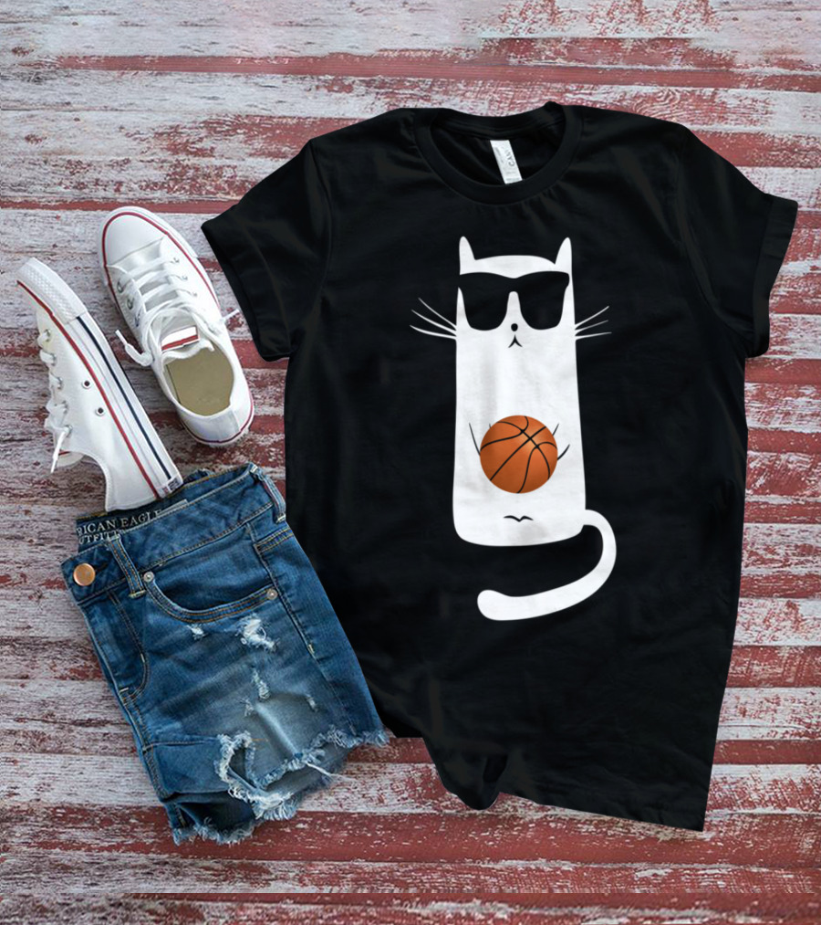 Humorous Sunglass-Wearing Cat With Basketball In Whimsical Pose T-Shirt