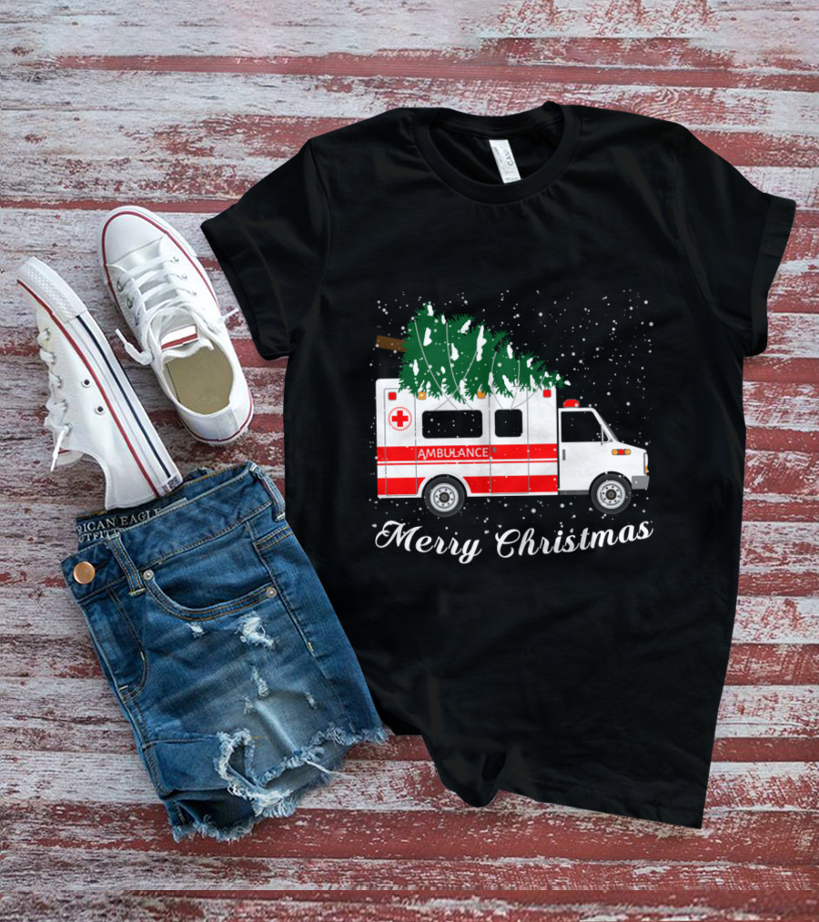 Merry Christmas Ambulance Carrying Christmas Tree In Snowfall T-Shirt
