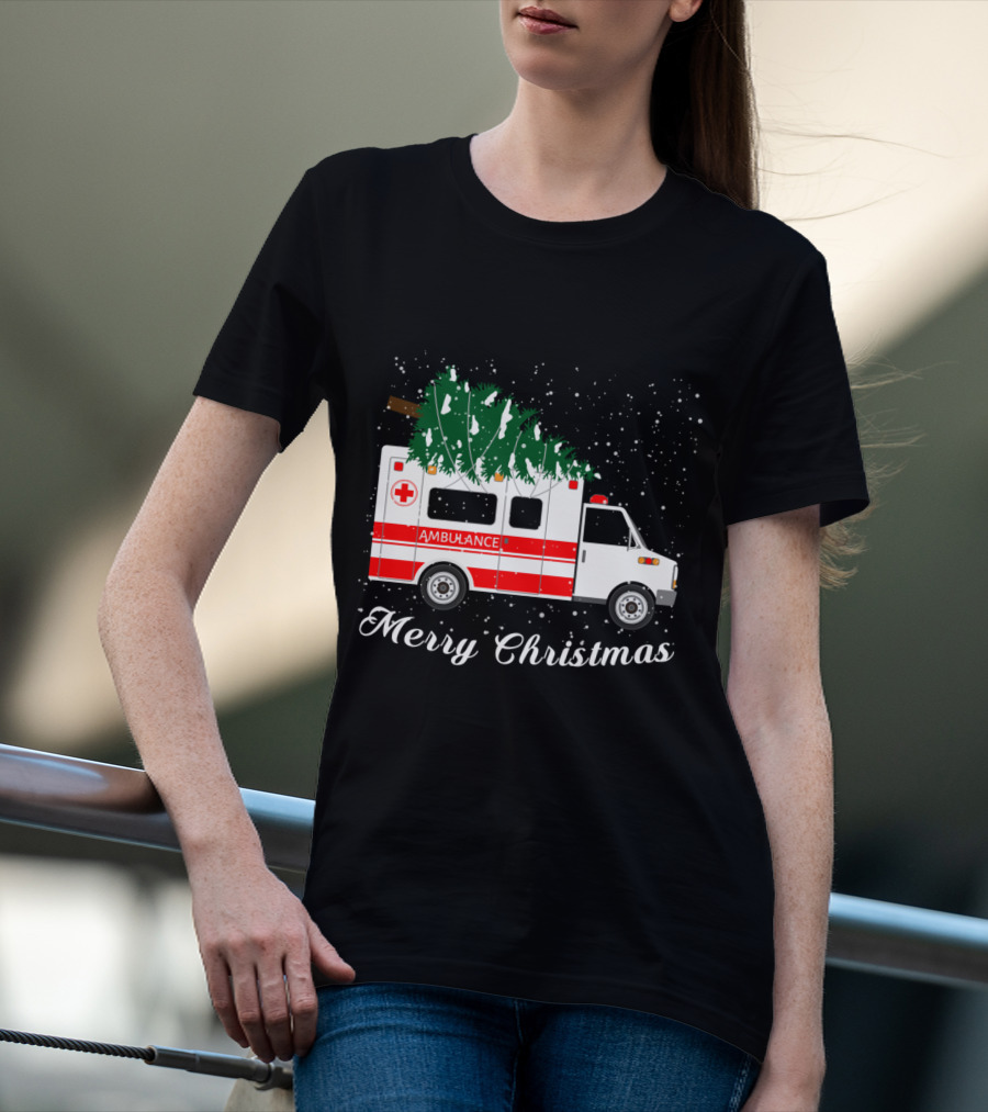Merry Christmas Ambulance Carrying Christmas Tree In Snowfall T-Shirt