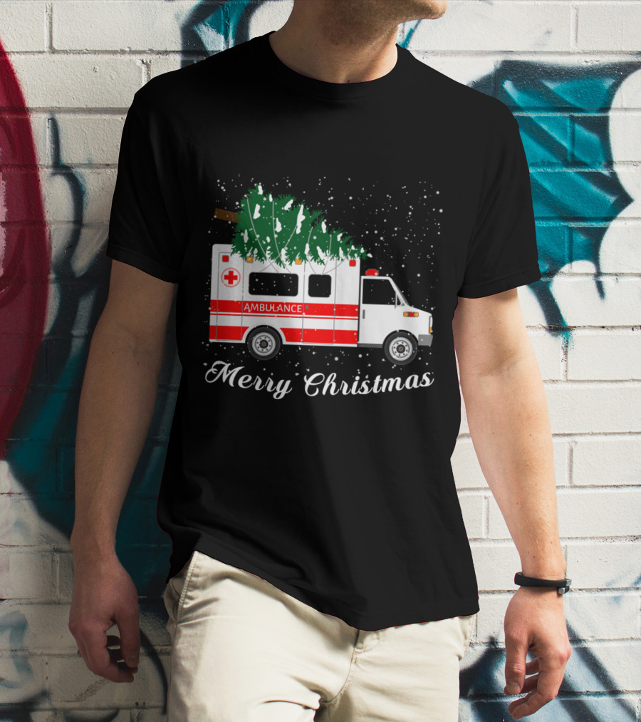 Merry Christmas Ambulance Carrying Christmas Tree In Snowfall T-Shirt