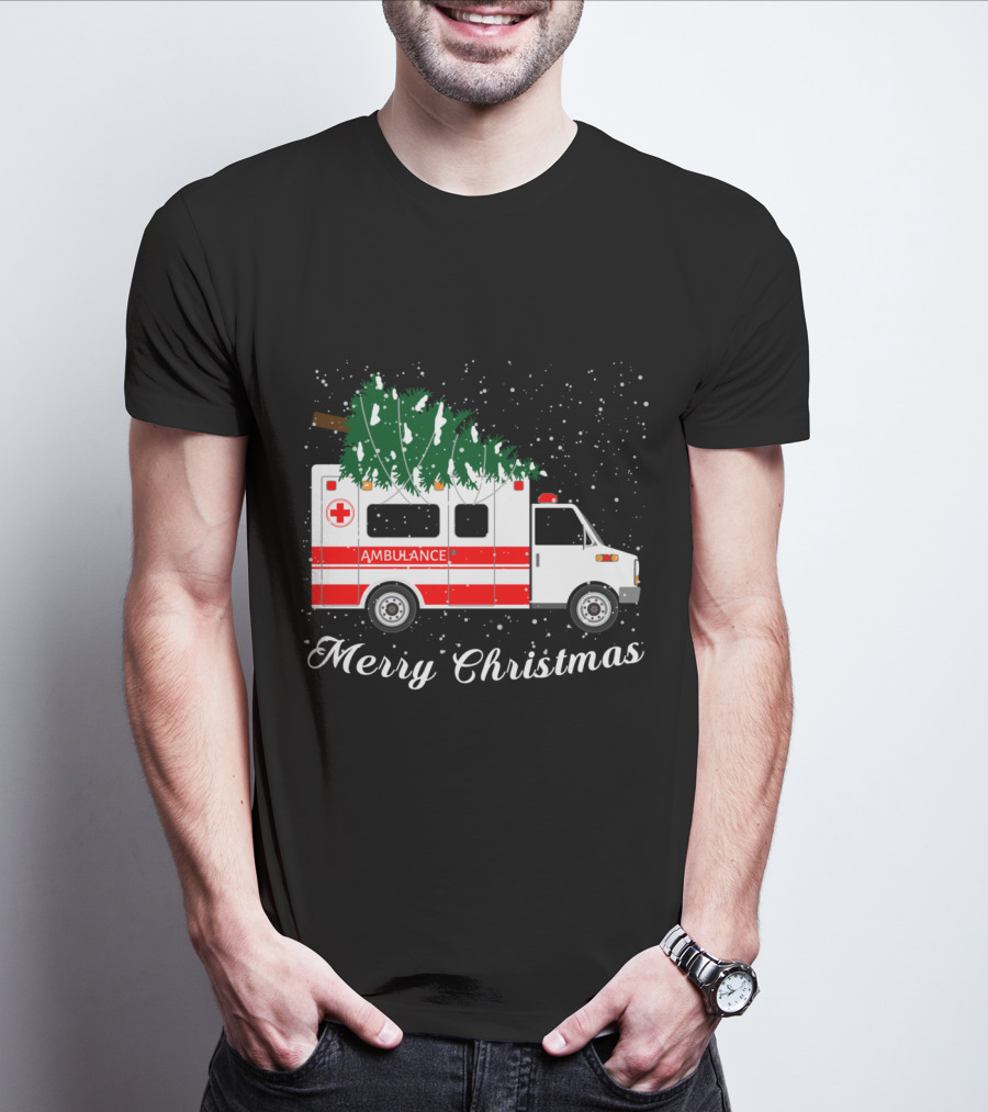 Merry Christmas Ambulance Carrying Christmas Tree In Snowfall T-Shirt