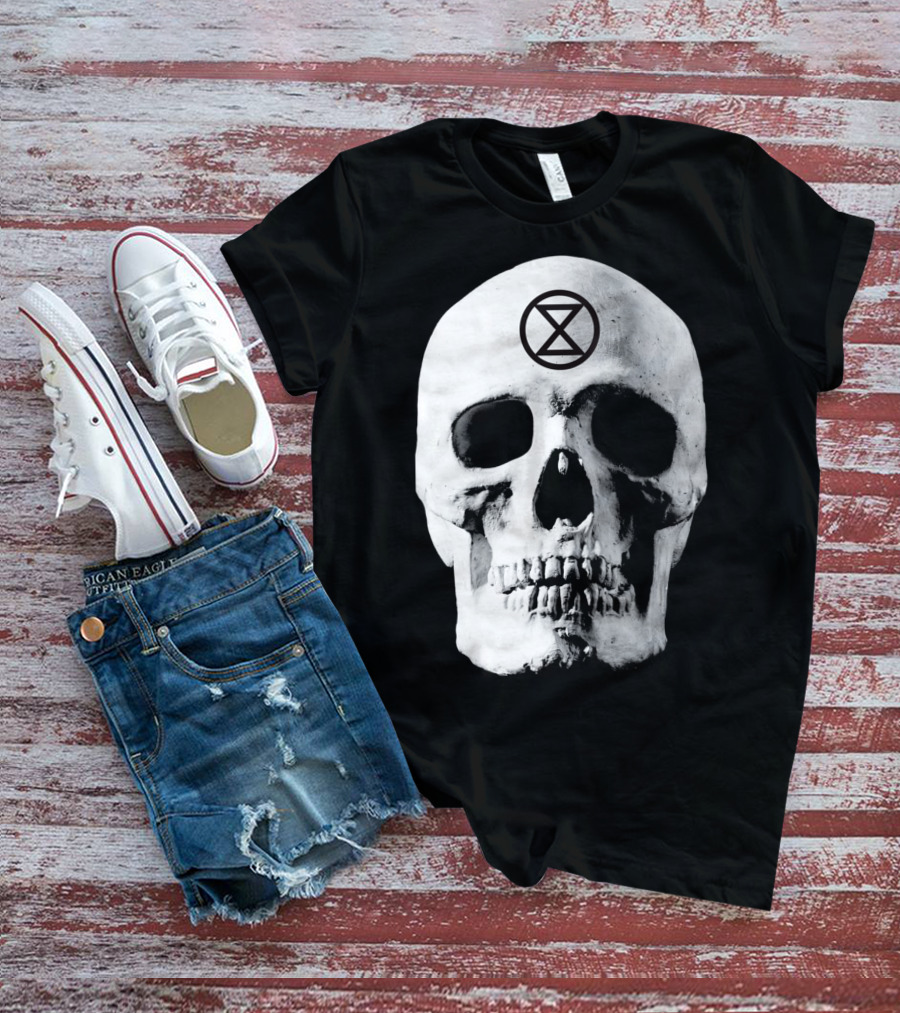 Extinction Rebellion Skull With Hourglass Symbol In Deadly Warning T-Shirt