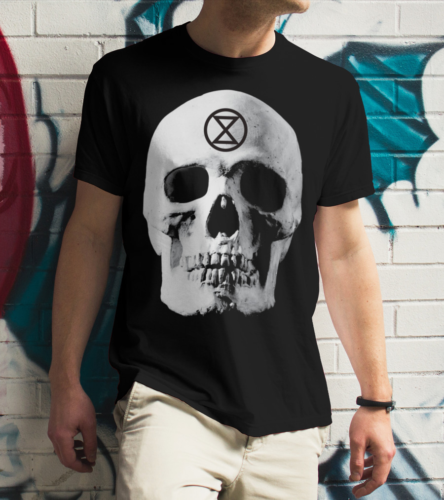 Extinction Rebellion Skull With Hourglass Symbol In Deadly Warning T-Shirt