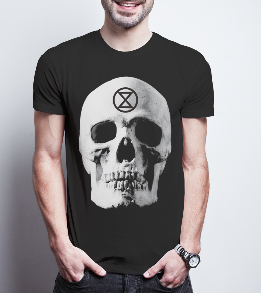 Extinction Rebellion Skull With Hourglass Symbol In Deadly Warning T-Shirt