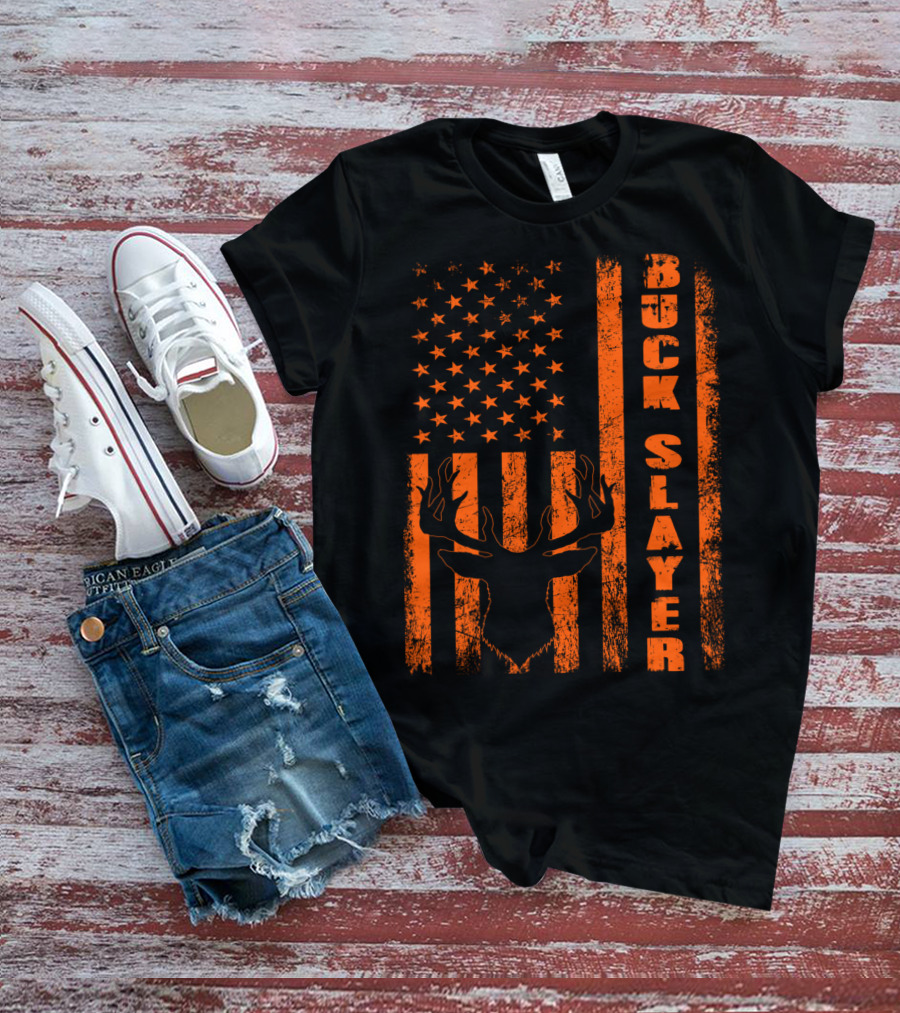 Hunting Blaze Orange Buck Slayer Patriotic Flag Deer T-Shirt
