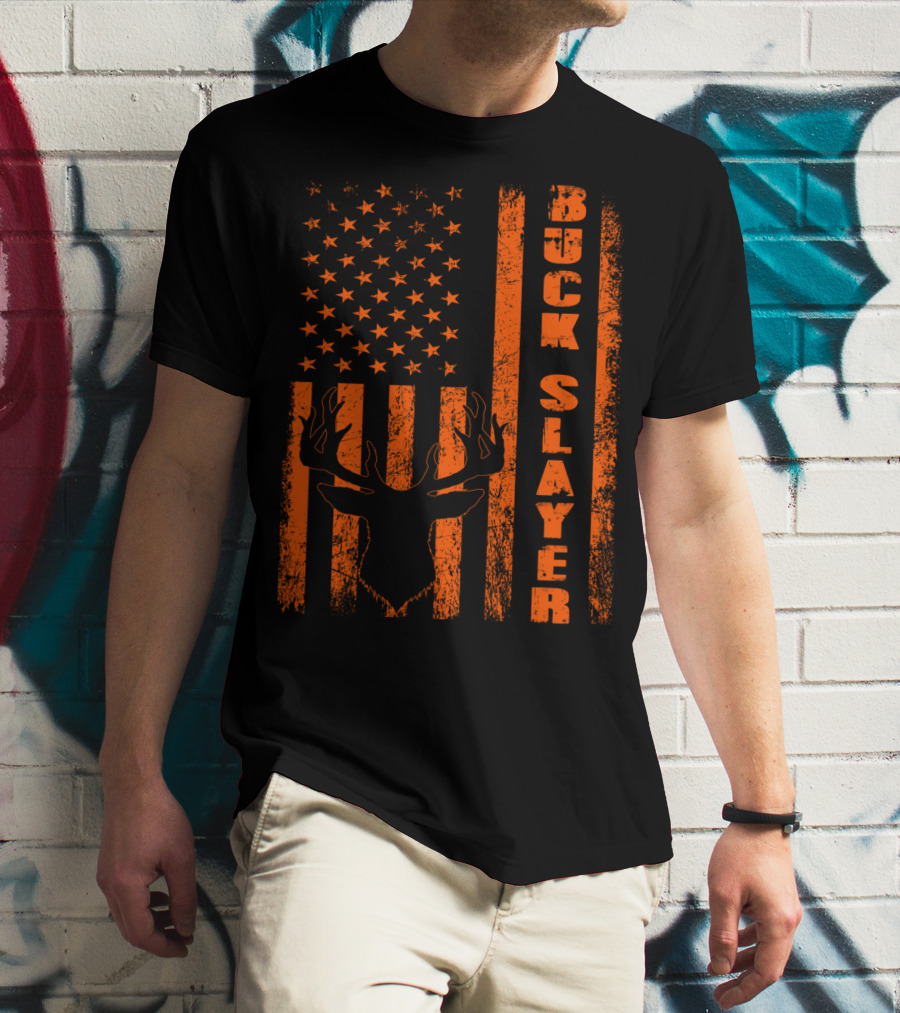 Hunting Blaze Orange Buck Slayer Patriotic Flag Deer T-Shirt