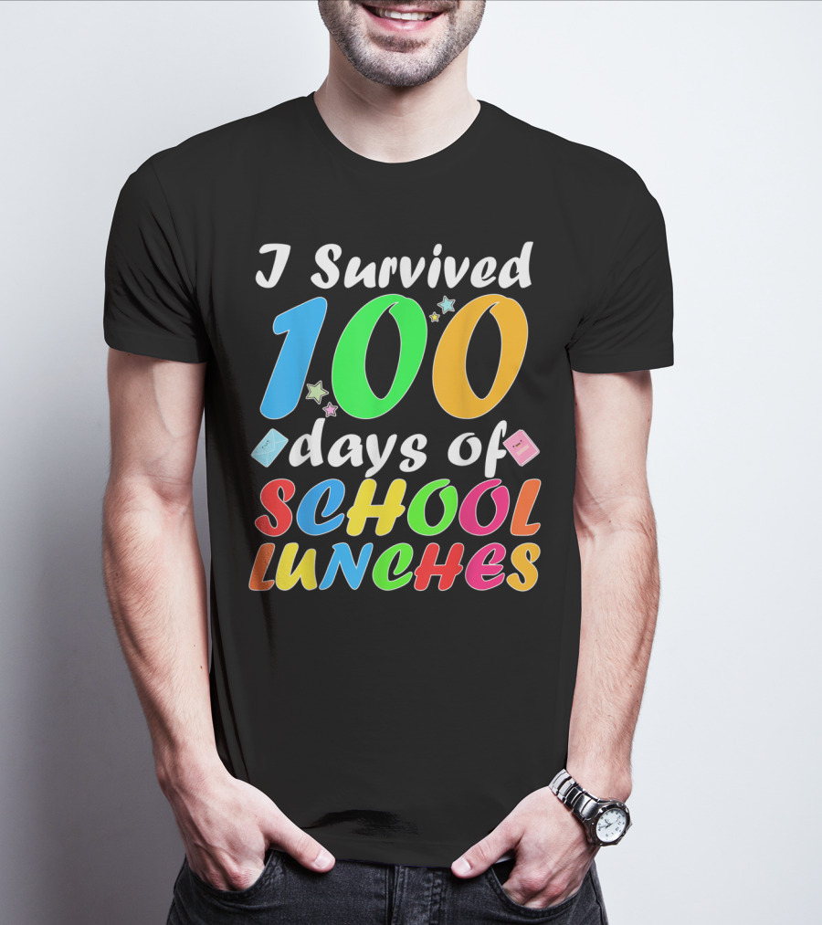 I Survived 100 Days Of School Lunches Colorful Stars And Playful Faces T-Shirt