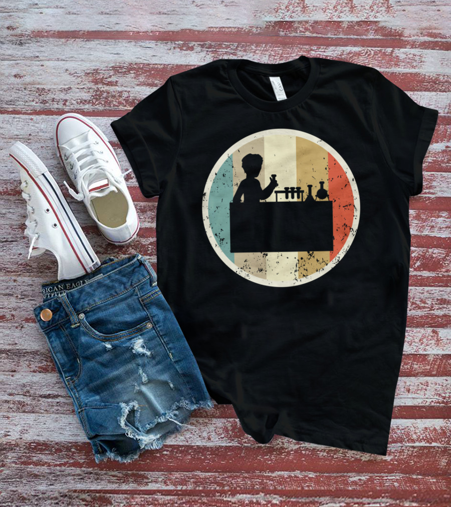 Silhouette Of Laboratory Chemist Technician Science With Retro Stripes T-Shirt