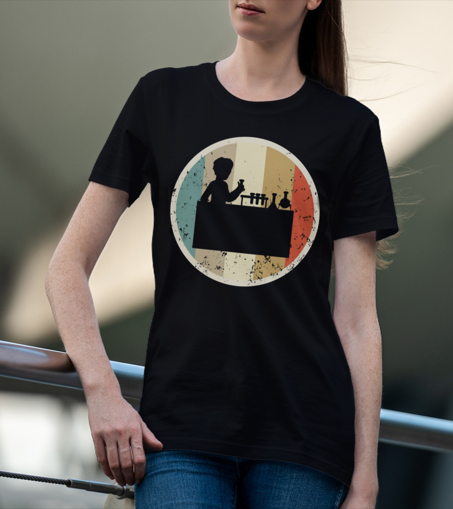Silhouette Of Laboratory Chemist Technician Science With Retro Stripes T-Shirt