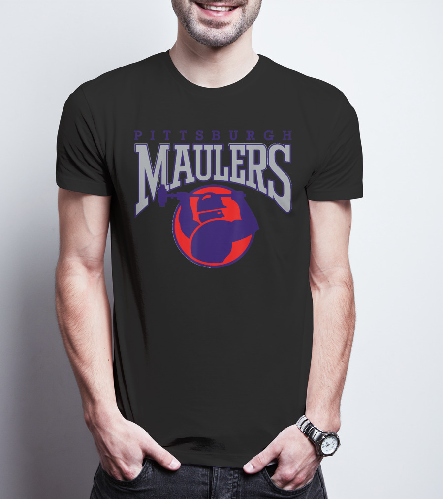 Pittsburgh Maulers Football Team Logo With Hammer Icon In Blue And Red T-Shirt