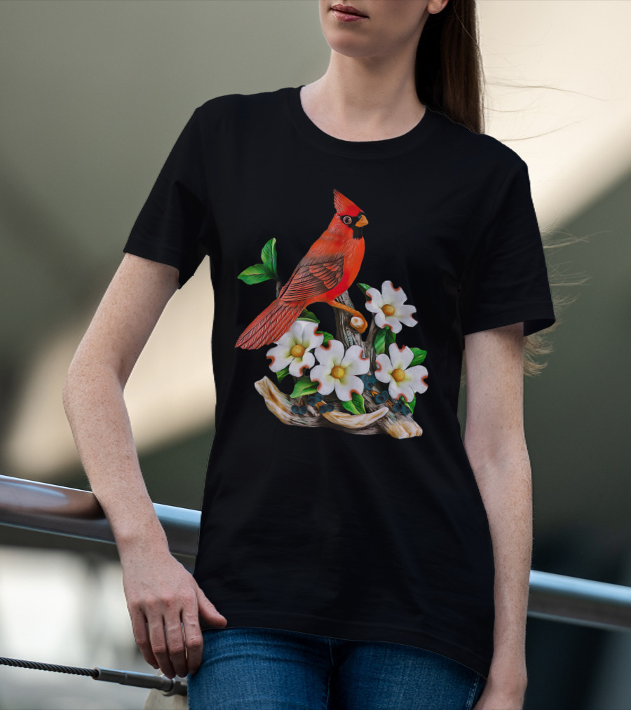 Red Cardinal Birds With White Flowering Blossoms T-Shirt
