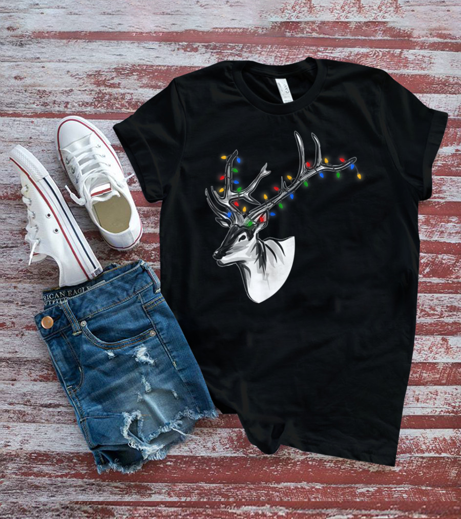 Reindeer Christmas Lights Funny Animal Decorated Antlers Festive Humor T-Shirt