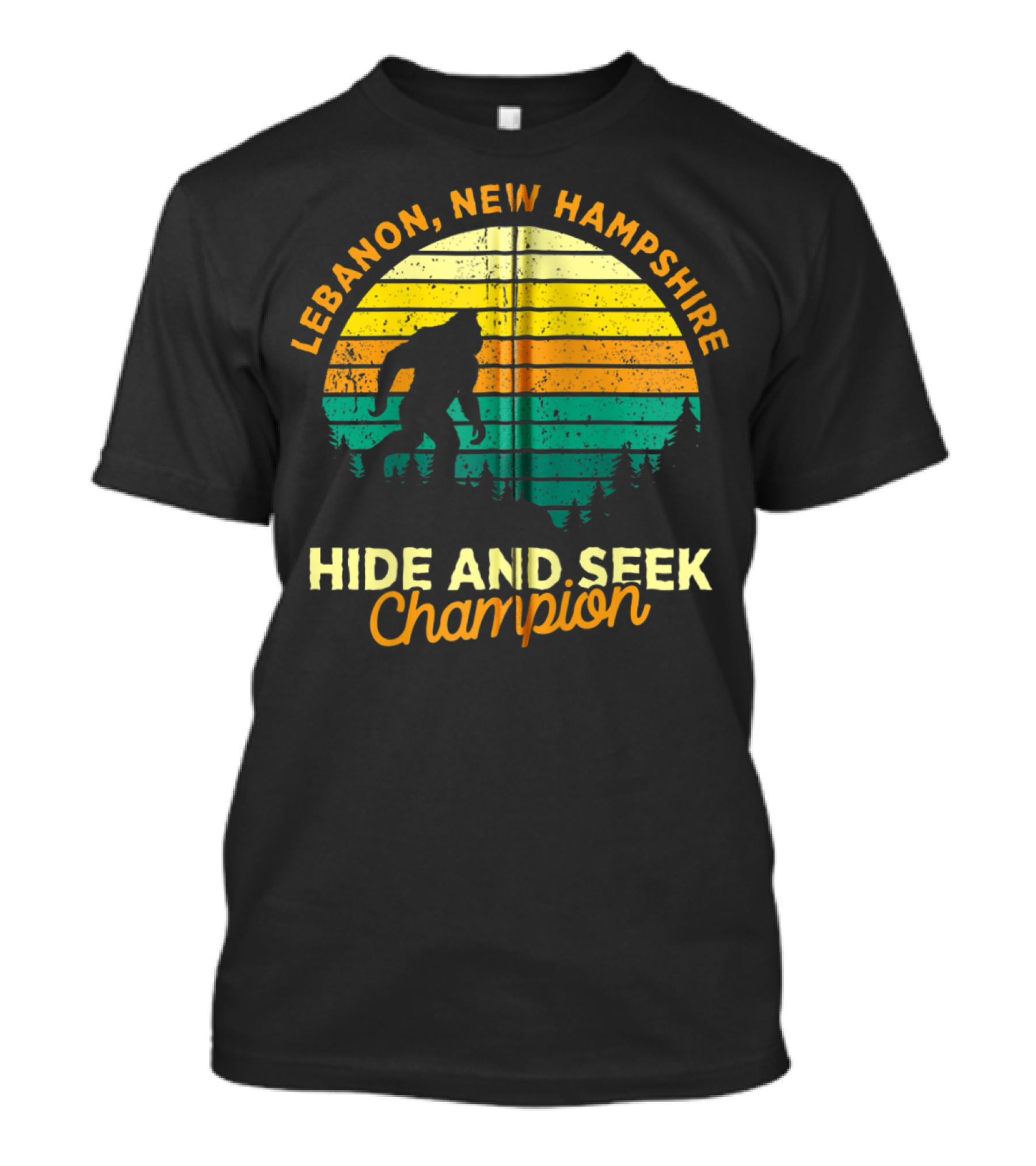 Lebanon New Hampshire Bigfoot Hide And Seek Champion Retro Sunset T-Shirt