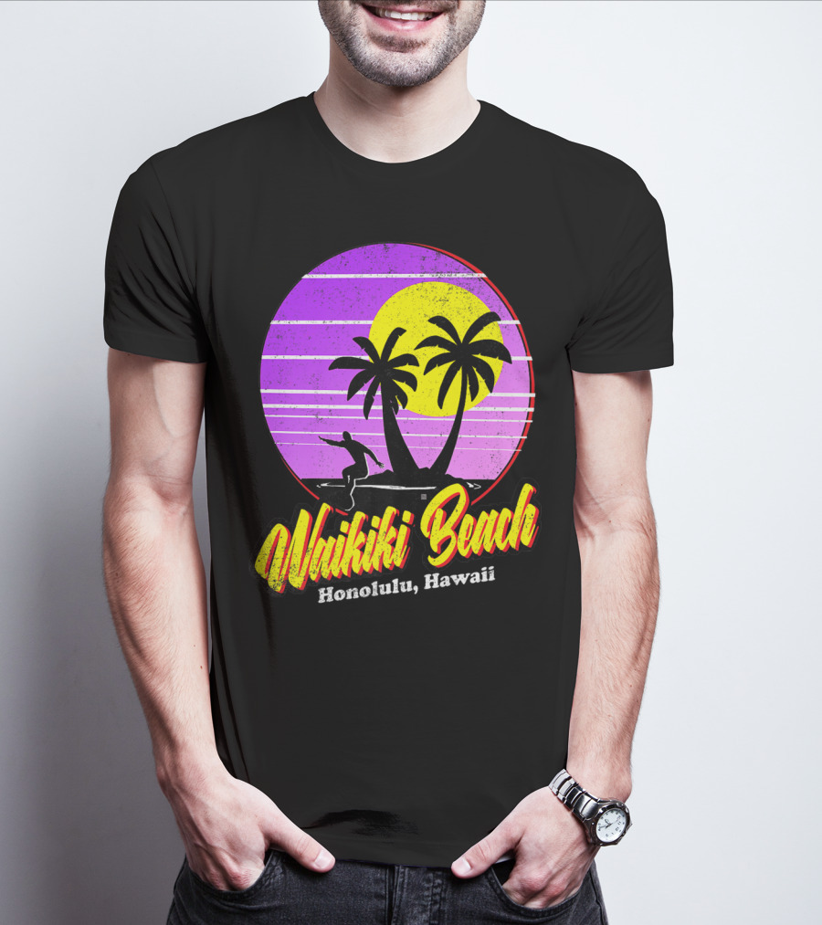 Waikiki Beach Honolulu Hawaii Retro Surfer 80s Vintage Palm Sunset T-Shirt