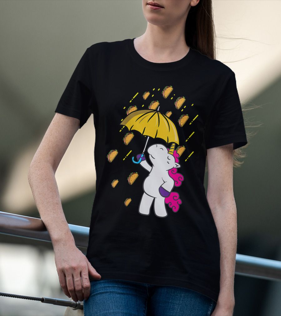 Its Raining Tacos Funny Unicorn Holding Yellow Umbrella T-Shirt