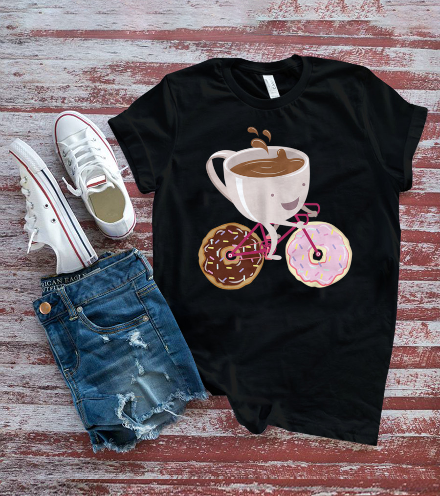 Coffee Cup Riding Bicycle With Donut Wheels Hand Drawn T-Shirt