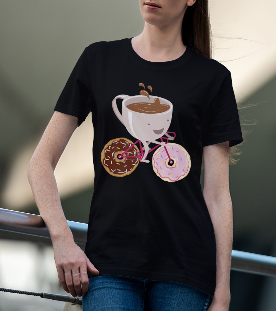 Coffee Cup Riding Bicycle With Donut Wheels Hand Drawn T-Shirt