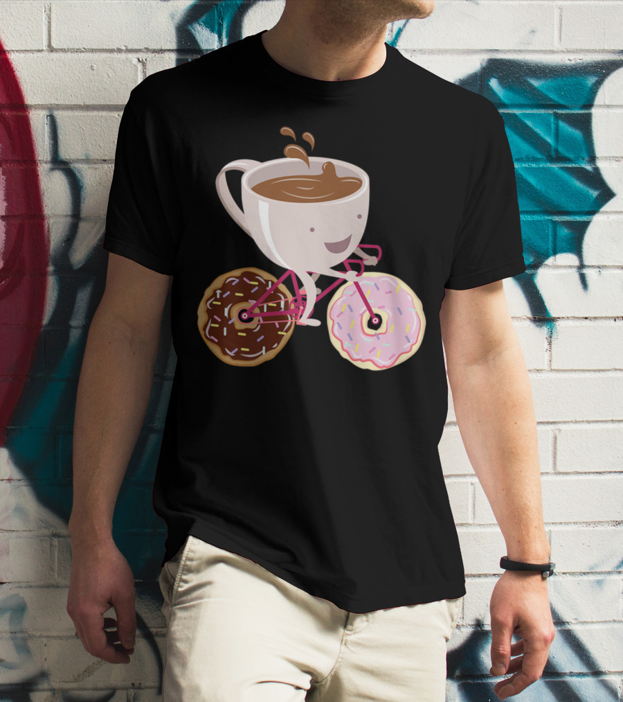 Coffee Cup Riding Bicycle With Donut Wheels Hand Drawn T-Shirt