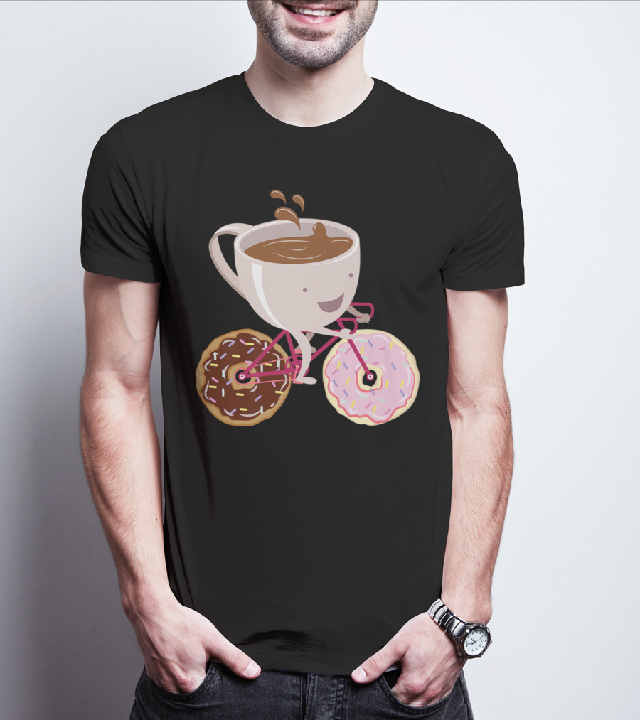 Coffee Cup Riding Bicycle With Donut Wheels Hand Drawn T-Shirt