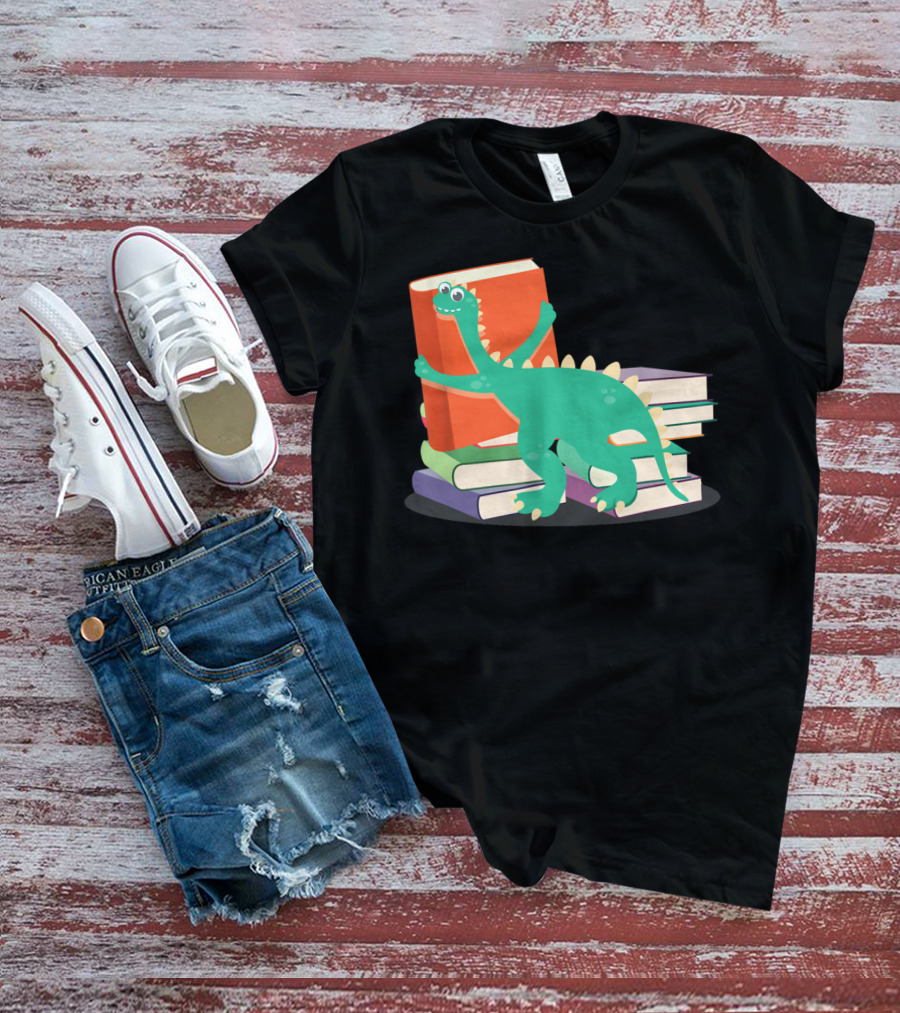 Cute Dinosaur Hugging Books For Bookish Literary Nerds T-Shirt
