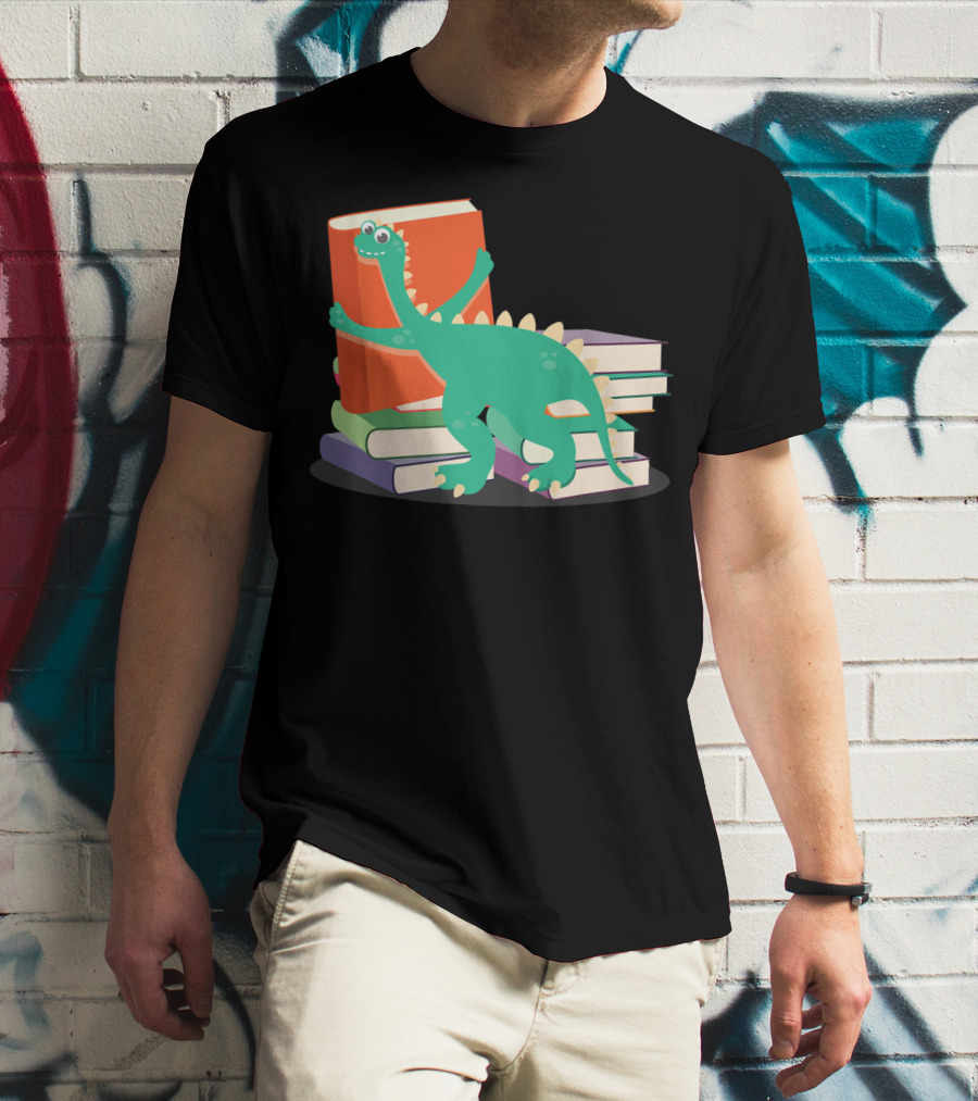 Cute Dinosaur Hugging Books For Bookish Literary Nerds T-Shirt