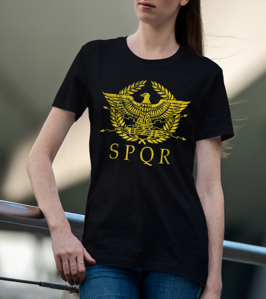 SPQR Distressed Ancient Rome Gold Eagle Laurel Emblem T-Shirt