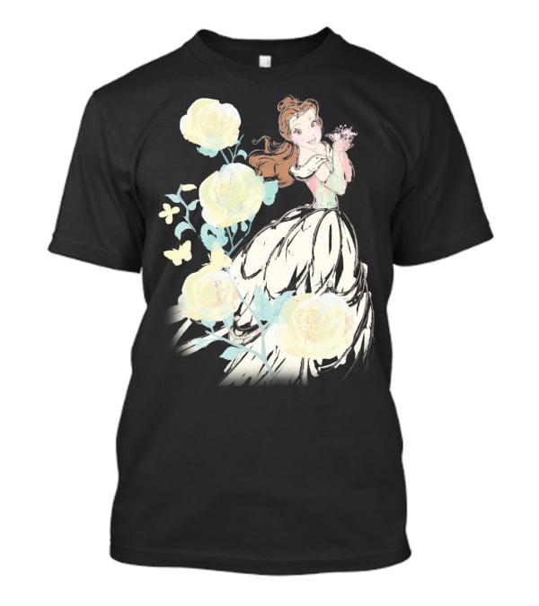 Disney Beauty The Beast Belle Yellow Watercolor Rose Butterfly T-Shirt