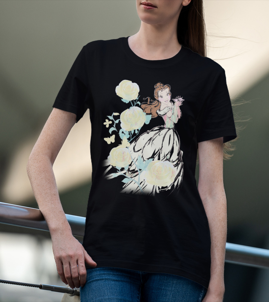 Disney Beauty The Beast Belle Yellow Watercolor Rose Butterfly T-Shirt