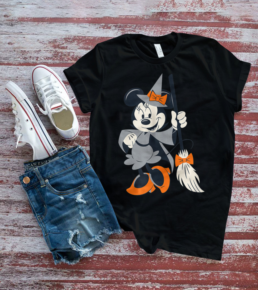 Disney Halloween Minnie Mouse Witch Costume Broomstick Orange Bows T-Shirt
