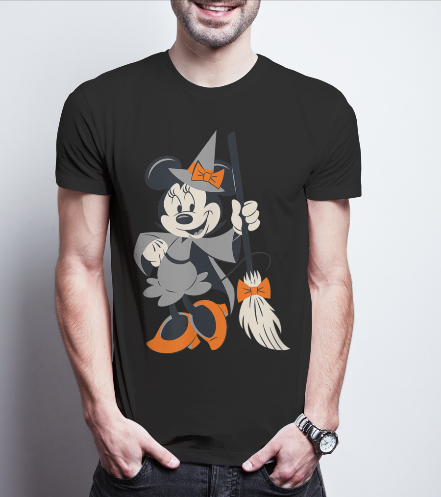 Disney Halloween Minnie Mouse Witch Costume Broomstick Orange Bows T-Shirt