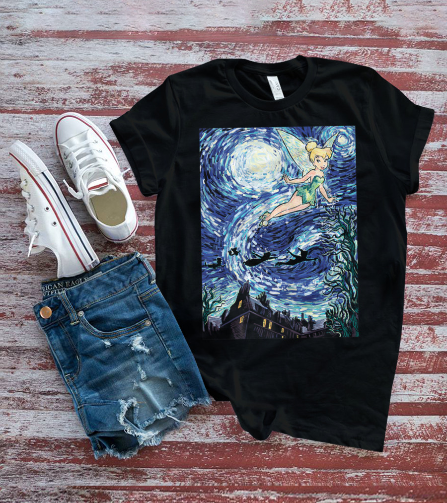 Disney Peter Pan Tinker Bell Starry Night Van Gogh Style Flight Scene T-Shirt