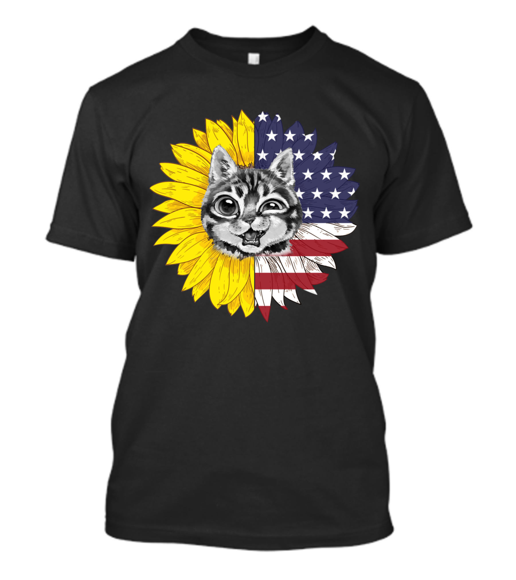 CAT LOVERS Sunflower American Flag Winking Cat T-Shirt