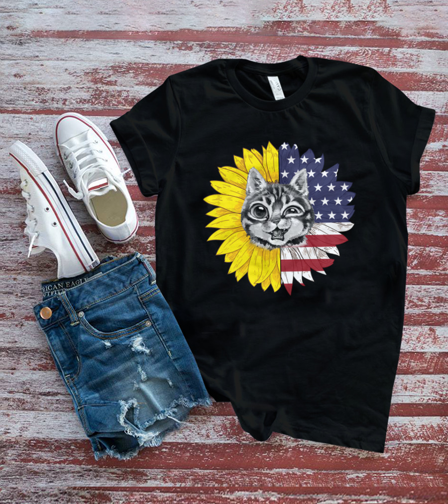 CAT LOVERS Sunflower American Flag Winking Cat T-Shirt