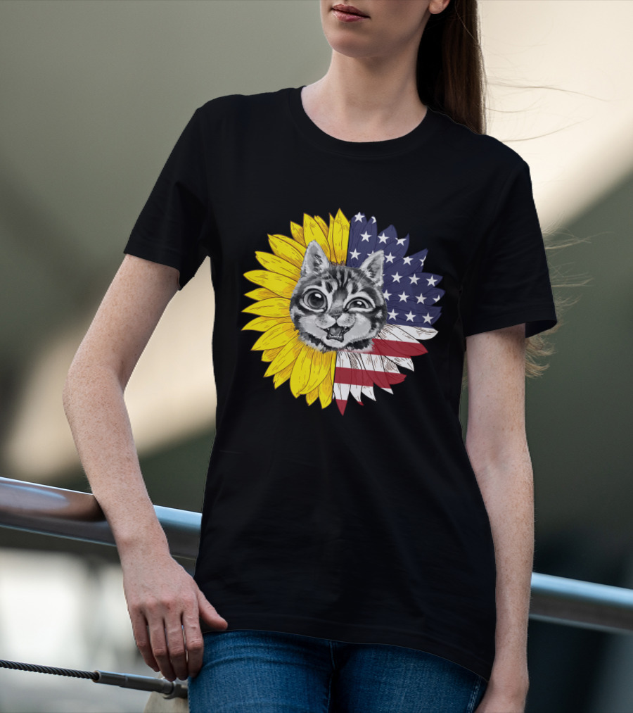 CAT LOVERS Sunflower American Flag Winking Cat T-Shirt
