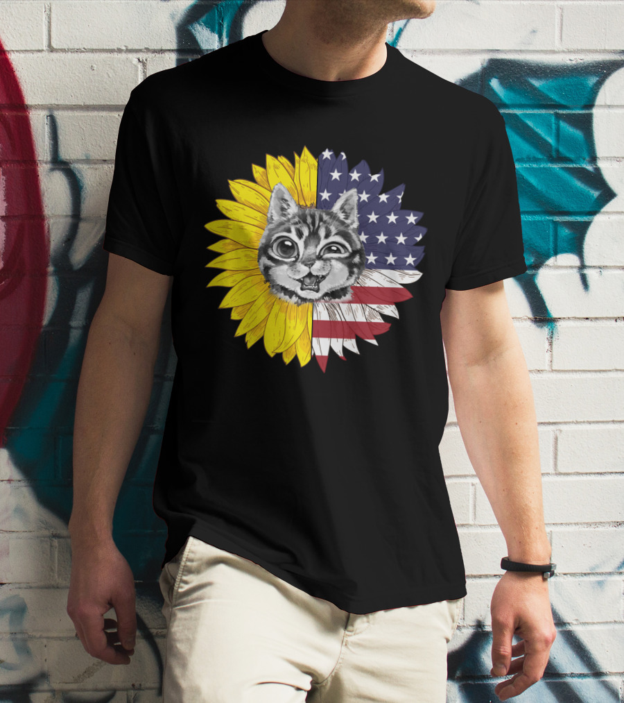 CAT LOVERS Sunflower American Flag Winking Cat T-Shirt