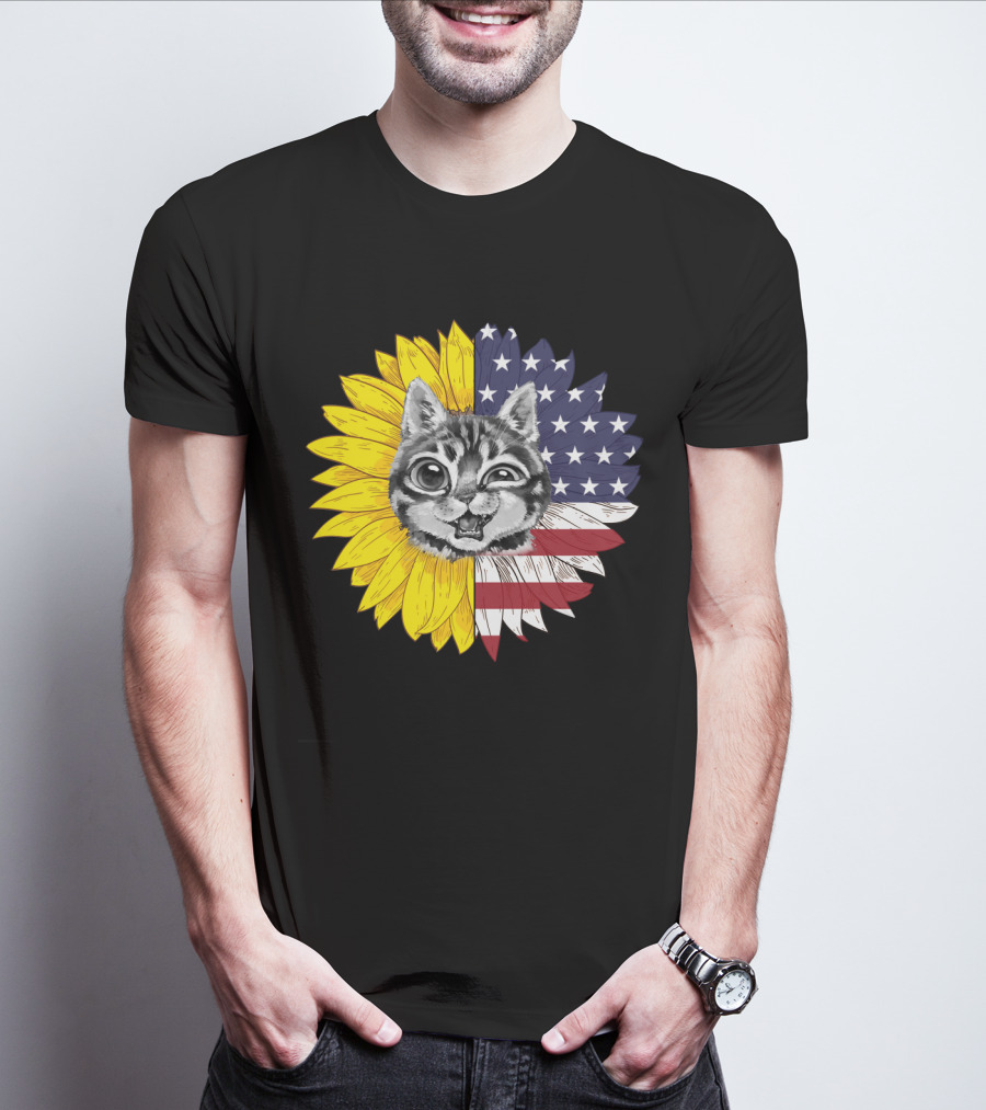 CAT LOVERS Sunflower American Flag Winking Cat T-Shirt
