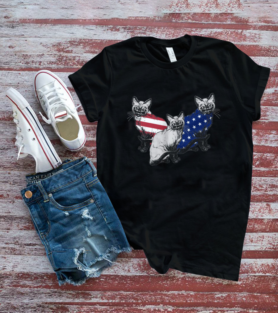 Siamese Cats American Flag July Independence Day T-Shirt