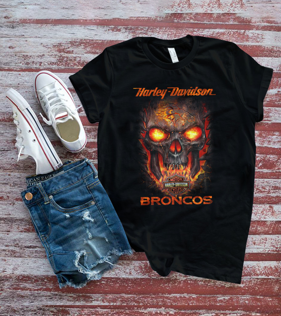 Harley Davidson Denver Broncos Motorcycles Fiery Skull T-Shirt