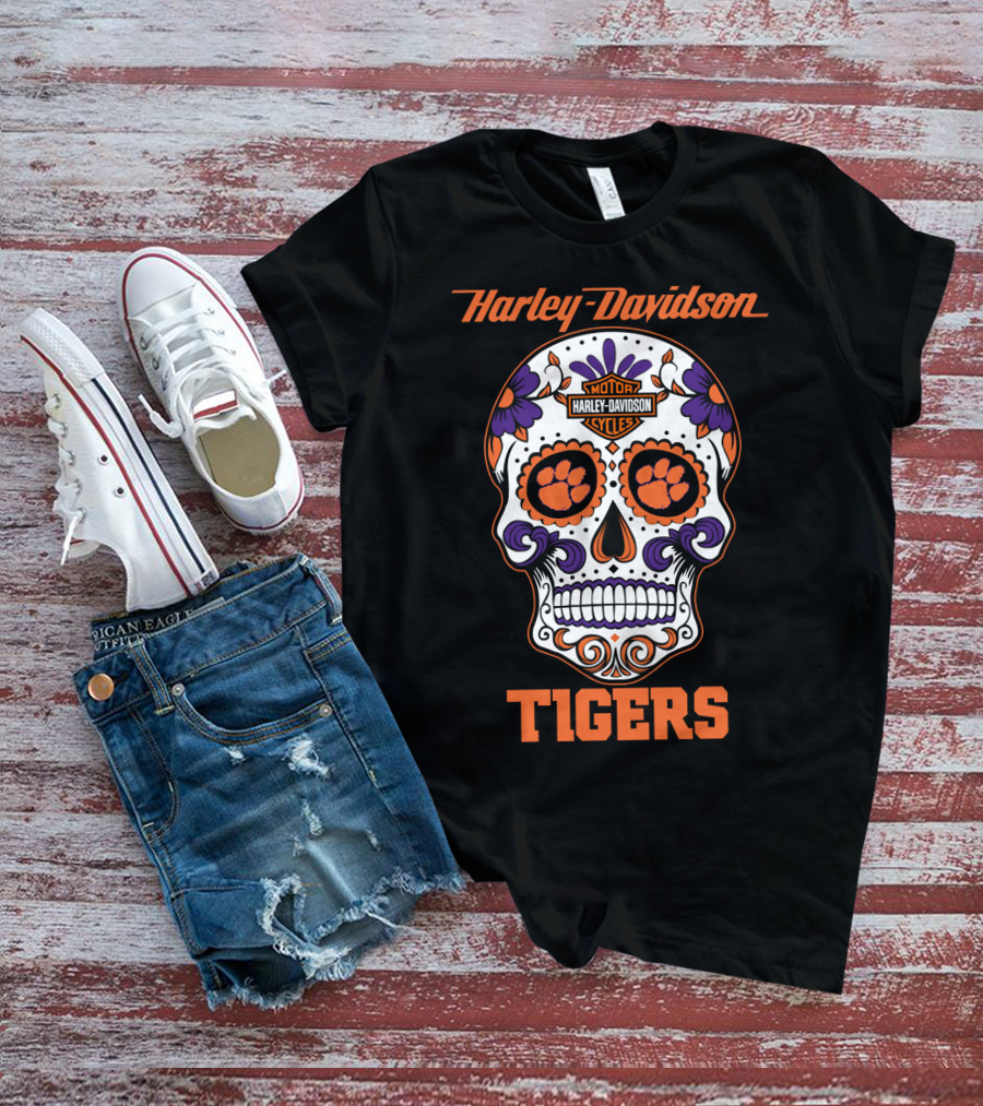 Harley Davidson Motor Cycles Clemson Tigers Skull T-Shirt