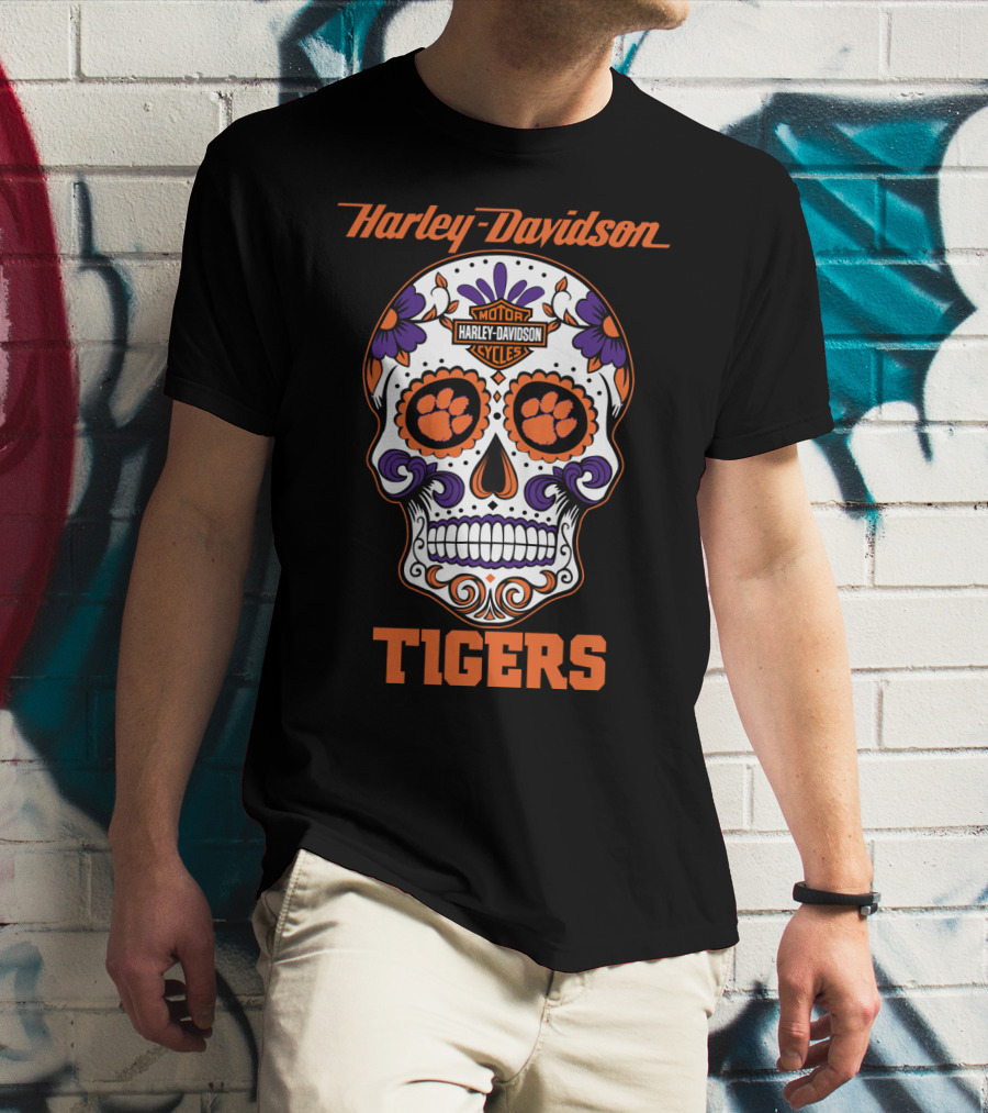 Harley Davidson Motor Cycles Clemson Tigers Skull T-Shirt