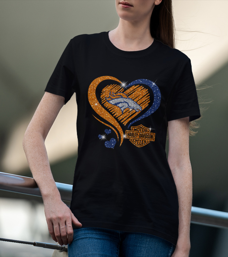 Denver Broncos Harley Davidson Sparkle Heart Nfl T-Shirt
