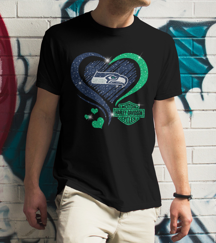 Harley Davidson Motorcycles Heart With Seattle Seahawks T-Shirt