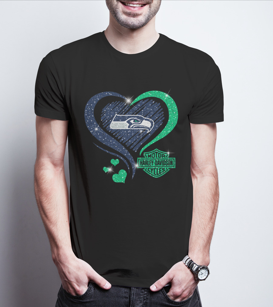 Harley Davidson Motorcycles Heart With Seattle Seahawks T-Shirt