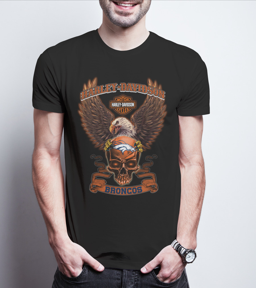 Harley Davidson Motor Cycles Denver Broncos Eagle Skull T-Shirt