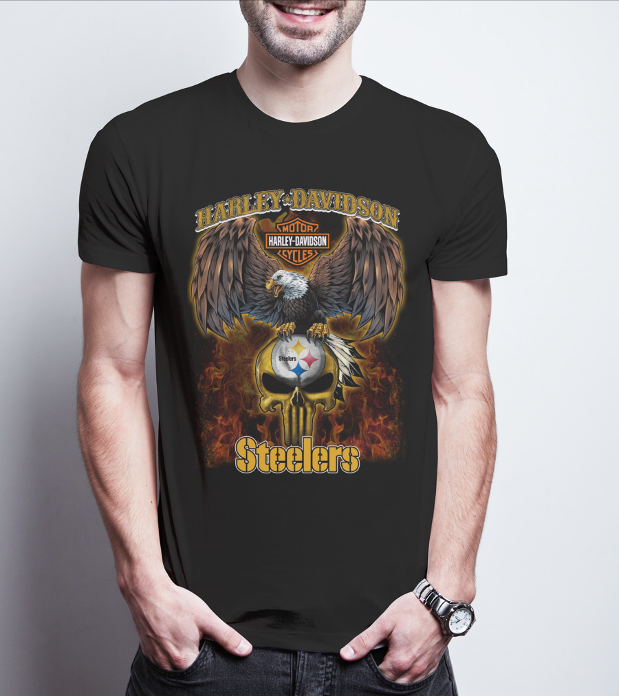 Harley Davidson Motor Cycles Steelers Eagle Skull Flames T-Shirt